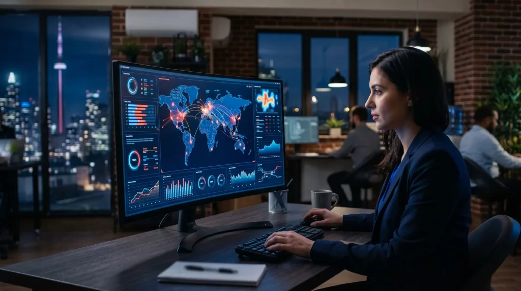 Cybersecurity dashboard with threat detection displays in modern Toronto business office