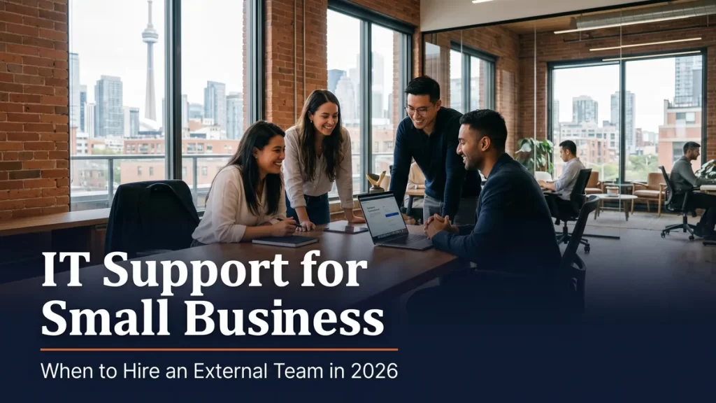 Small business IT support Toronto banner showing modern office team meeting with CN Tower visible