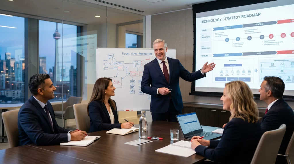 IT professional presenting technology strategy roadmap in Toronto boardroom