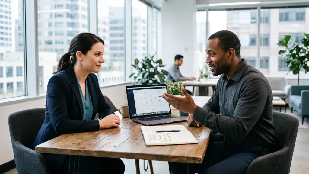 Toronto small business owner reviewing cybersecurity requirements with an IT consultant