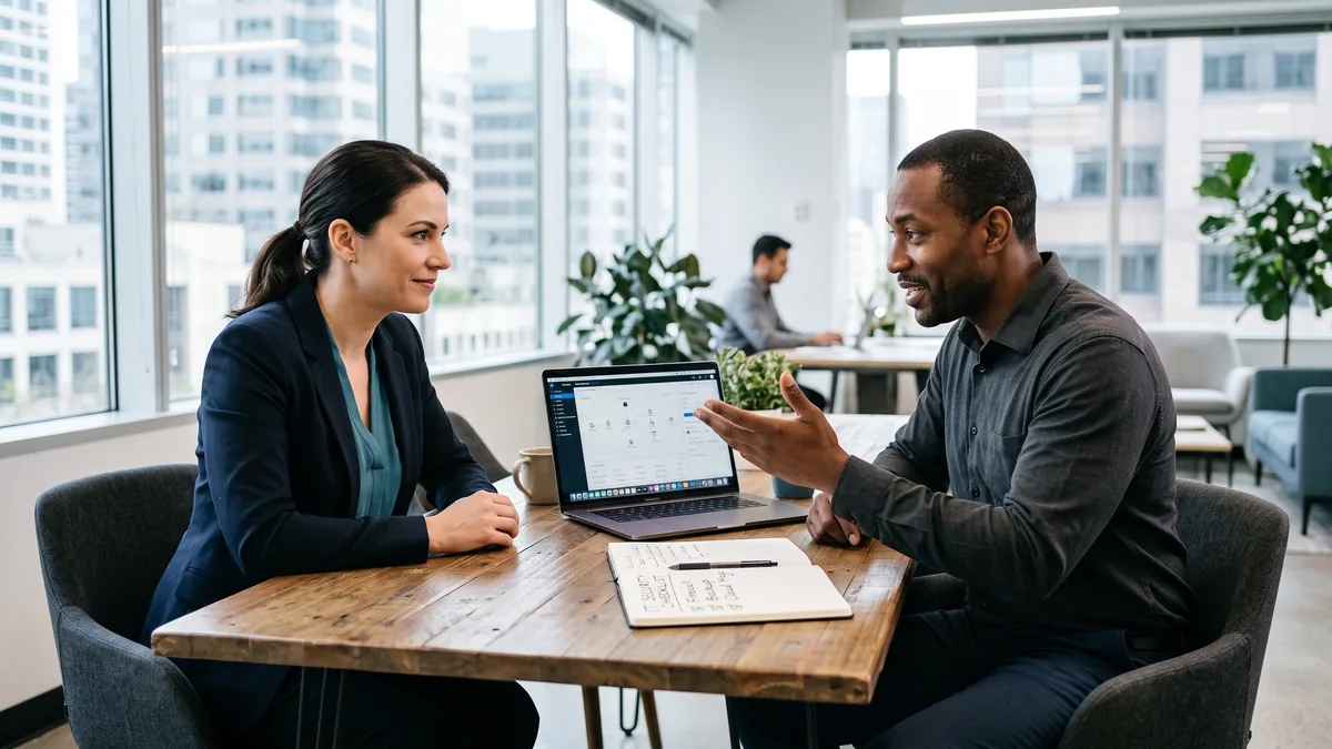Toronto small business owner reviewing cybersecurity requirements with an IT consultant
