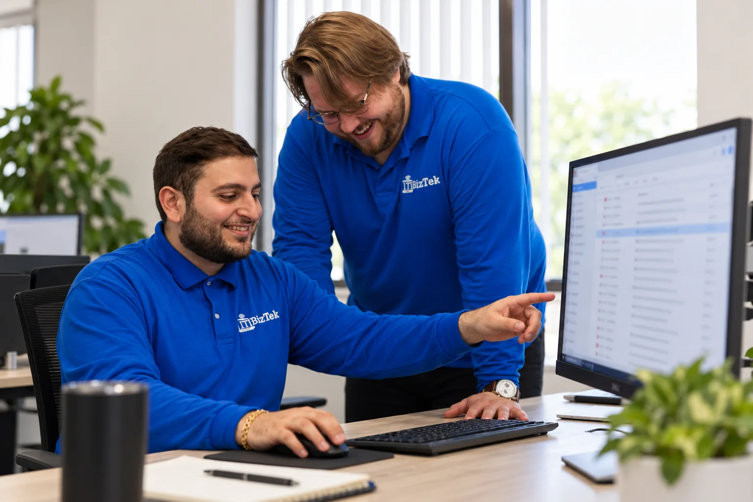 Two ITBizTek team members reviewing email on a desktop monitor in the office.