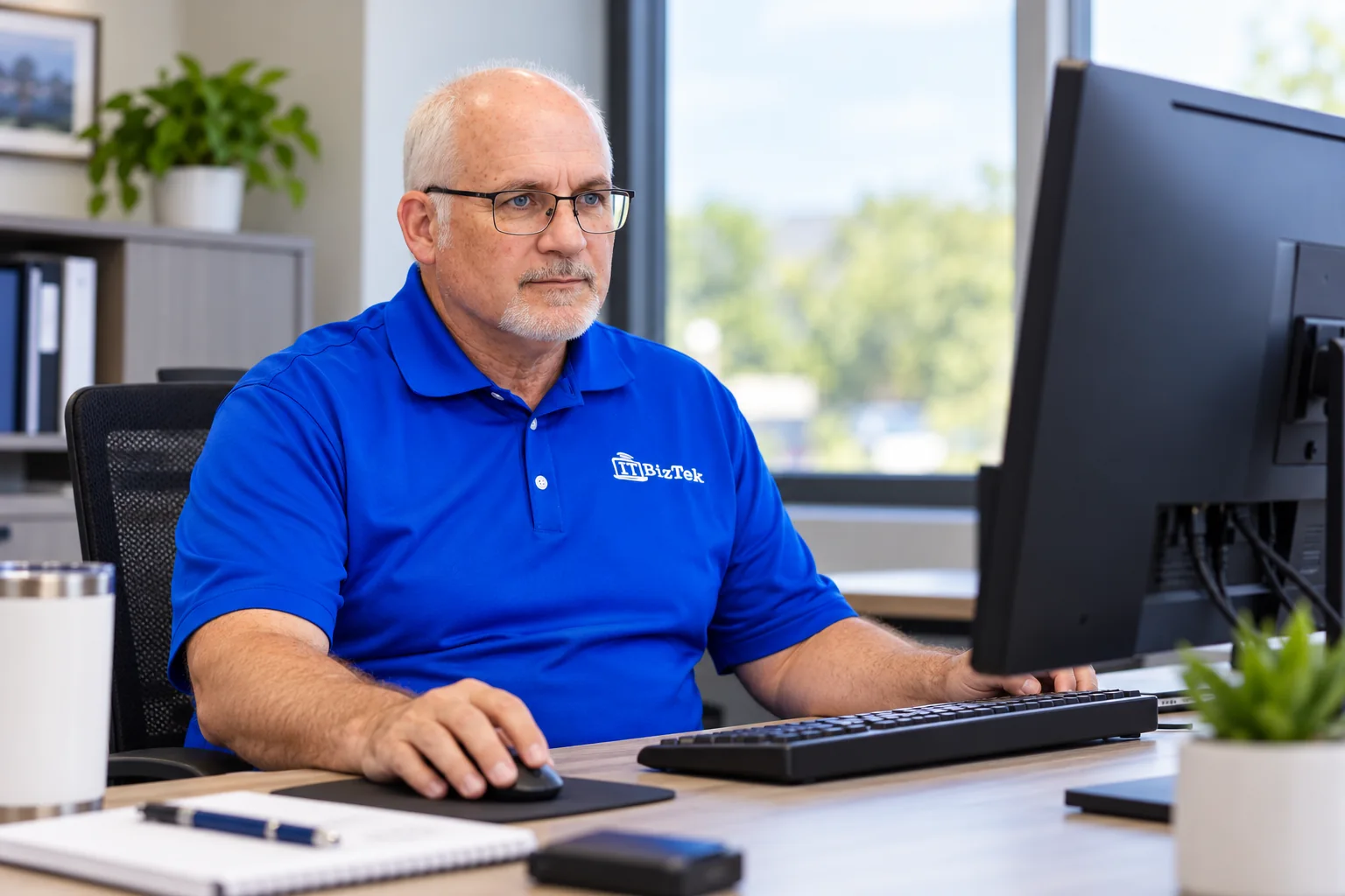 ITBizTek team member reviewing a desktop monitor in a bright office.