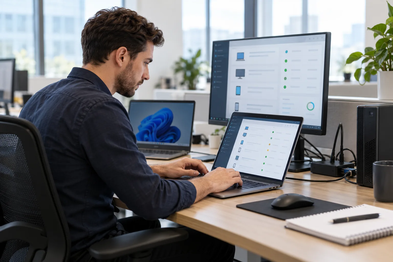 IT professional reviewing a device-management dashboard on a laptop beside office computers.