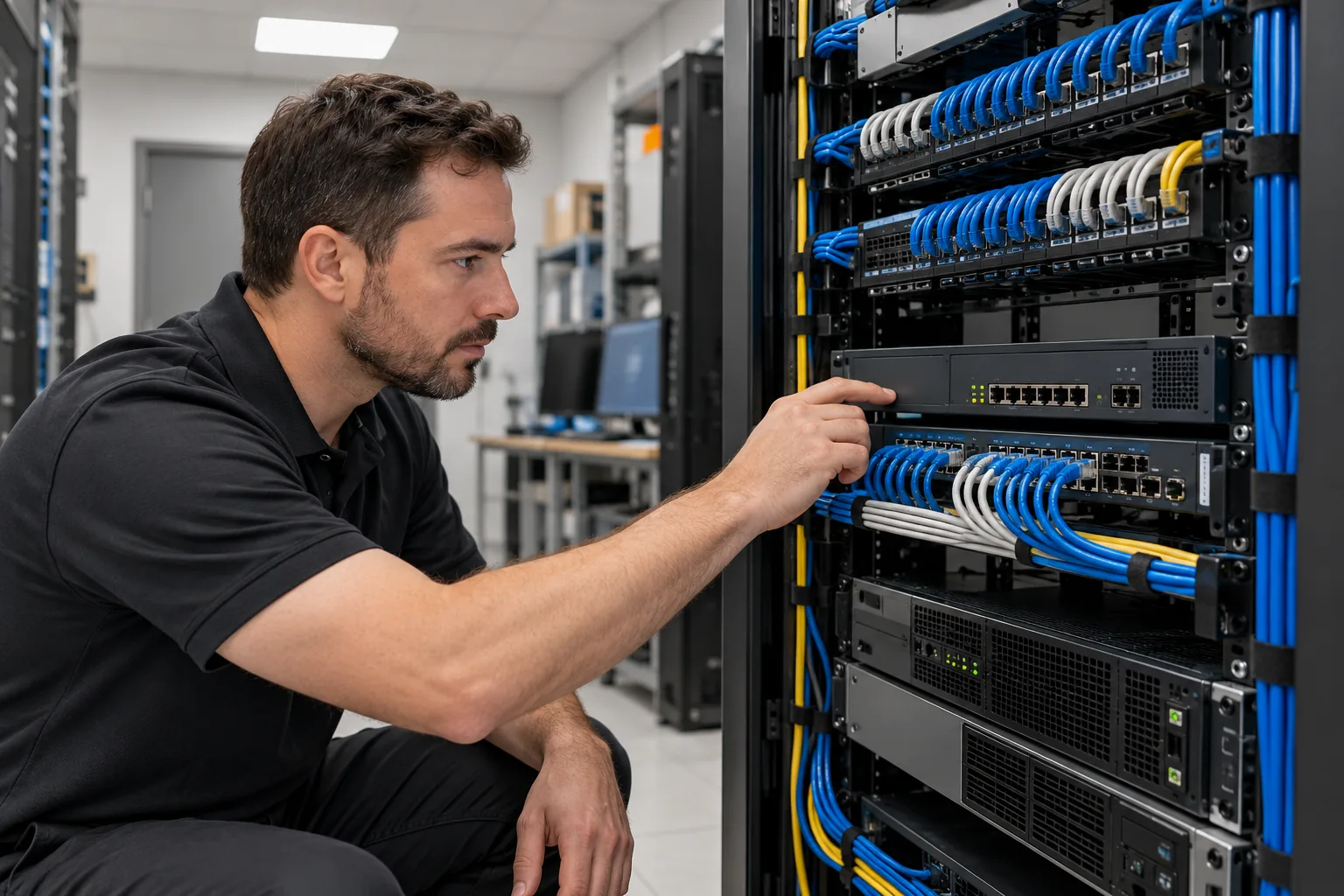 Network technician inspecting a rack-mounted firewall beside organised network cabling.